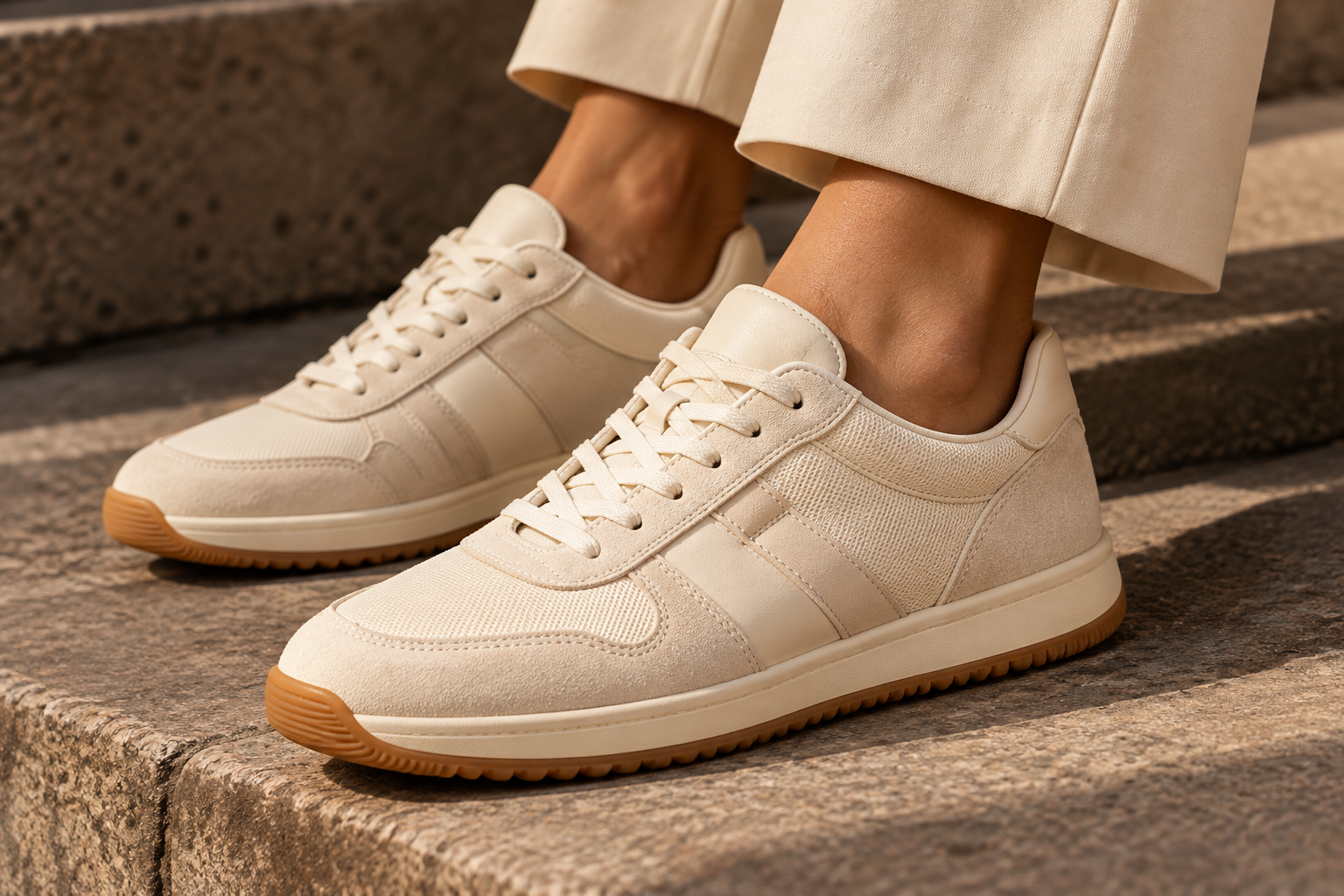 Cream sneakers worn on stone steps