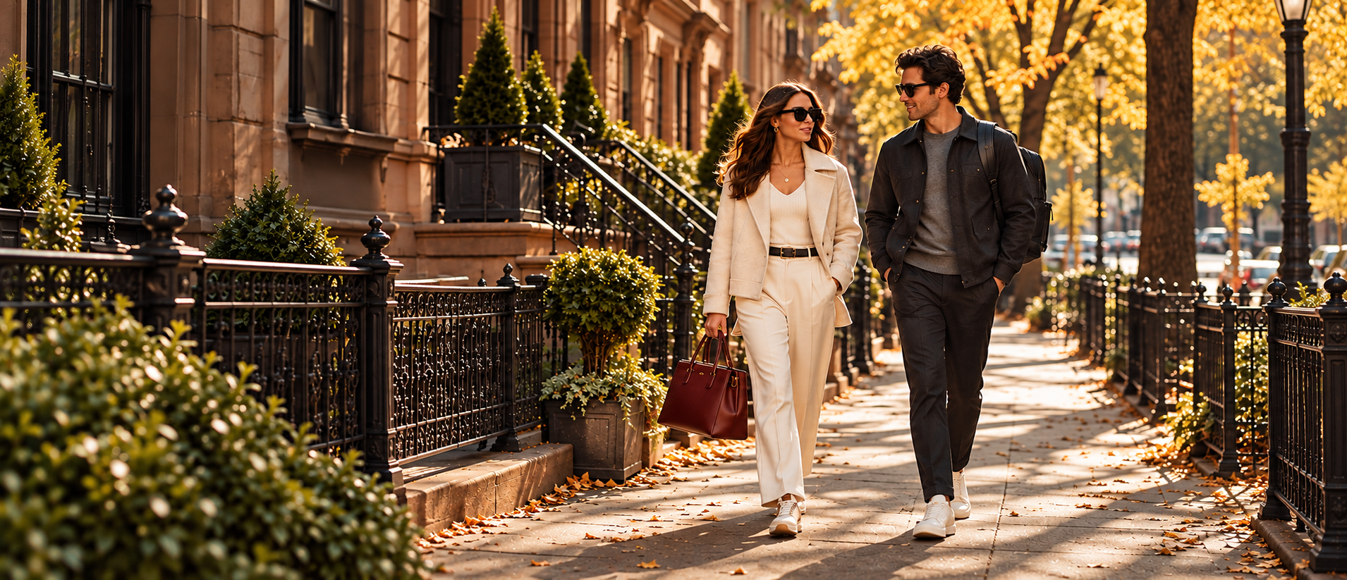 A woman in cream and a man in a dark jacket walking a sunlit autumn sidewalk, carrying a burgundy handbag and a backpack