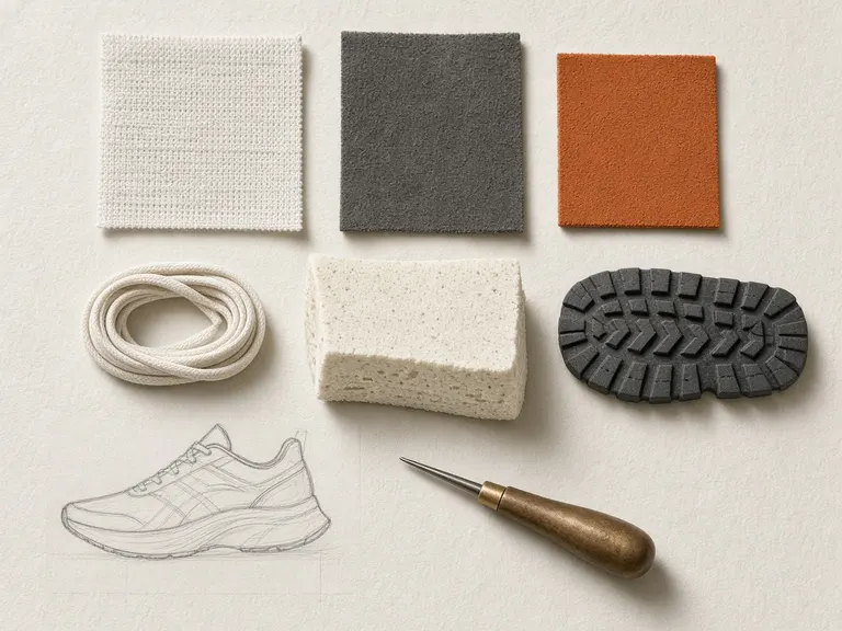 Mesh, suede, laces, foam and outsole samples laid out beside a shoe sketch