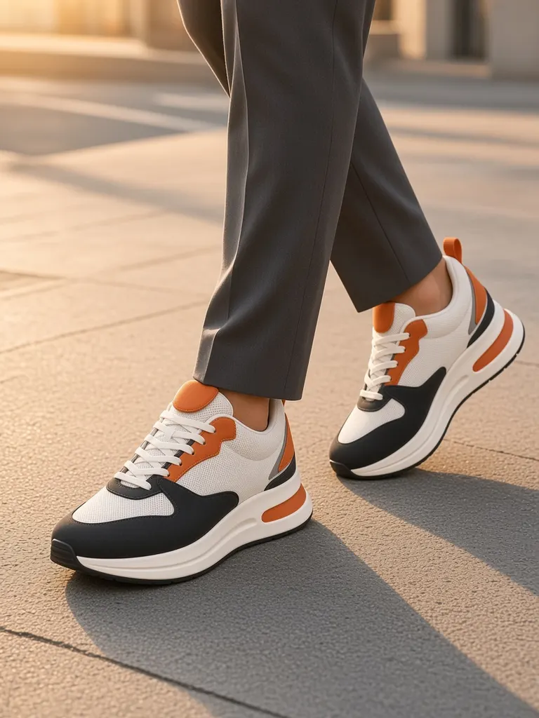 Someone walking on a sunlit city sidewalk wearing the NOVA Stride Runner