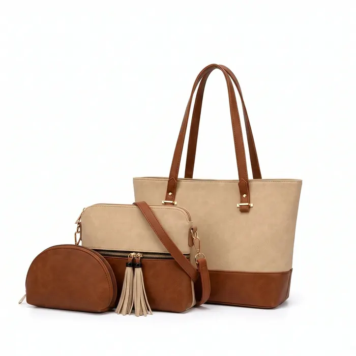Evline Beige/Brown Three-Piece Set, handbag