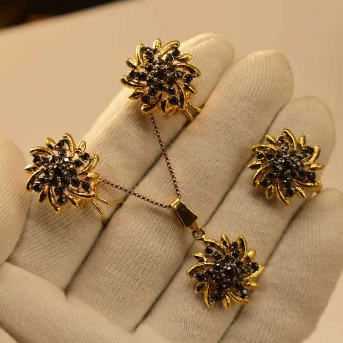 Elegant Fancy Golden Flower Zircon Necklace in Black