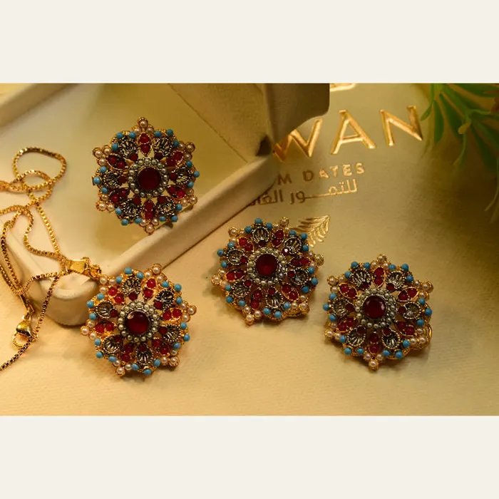Glamorous Design Gold Plated Jarao Stones Necklace Set in Red