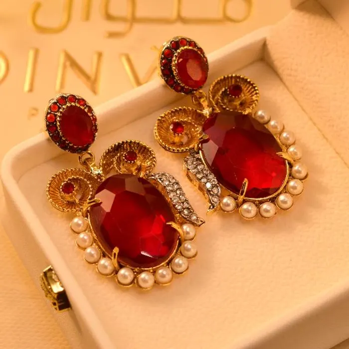 Gorgeous Design Real Stone Jarao Earrings in Red