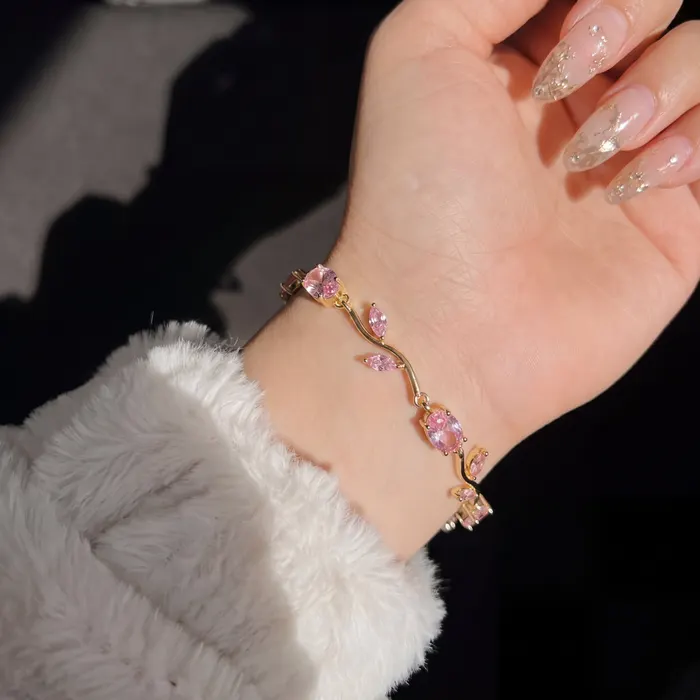 Luminous Design Gold Plated Crystal Stones Tulip Bracelet in Baby Pink