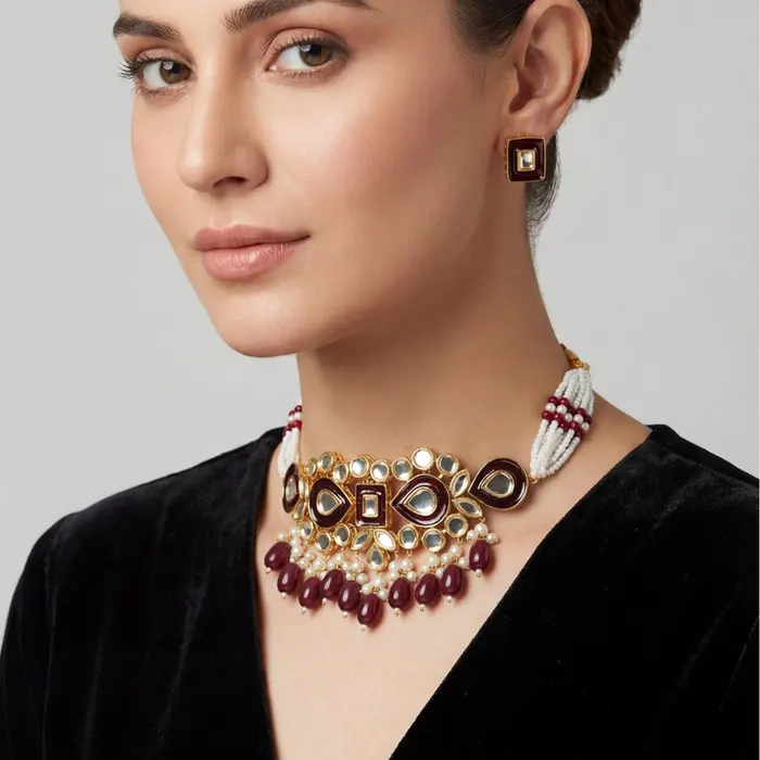 Sparkling Design Gold Plated Crystal Stones Necklace Set in Red