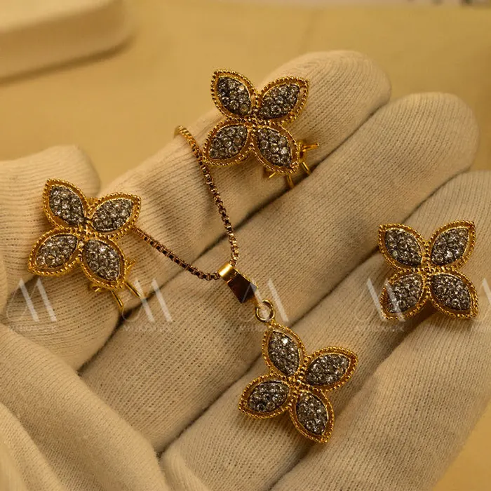 Unique Flower Design Gold Plated Real Stones Necklace Set in White, main view