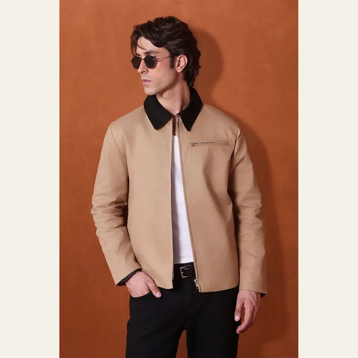 Beige Canvas Jacket With Black Suede Collar Detail