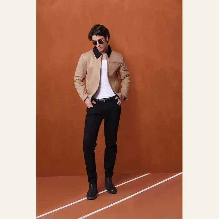 Beige Canvas Jacket With Black Suede Collar Detail, alternate view