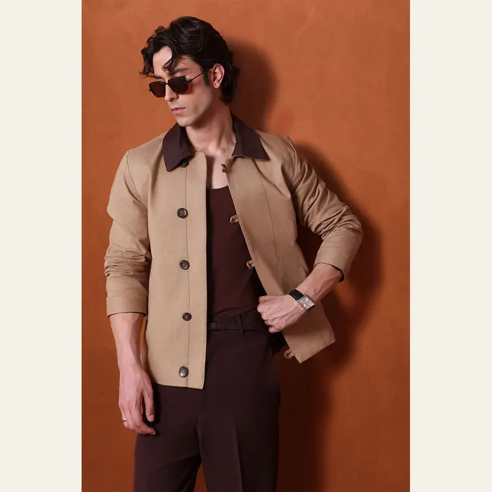 Beige Canvas Jacket With Brown Collar Detail
