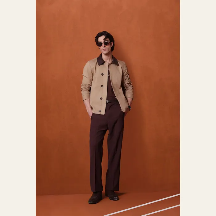 Beige Canvas Jacket With Brown Collar Detail, alternate view