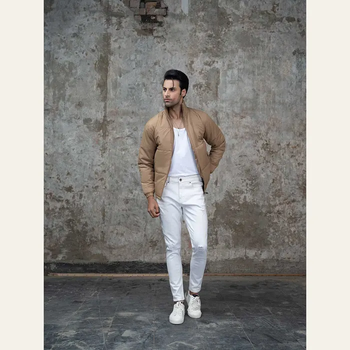 Beige High Collar Puffer Jacket