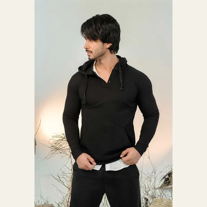 Black Button-down Pullover Henley Hoodie, alternate view