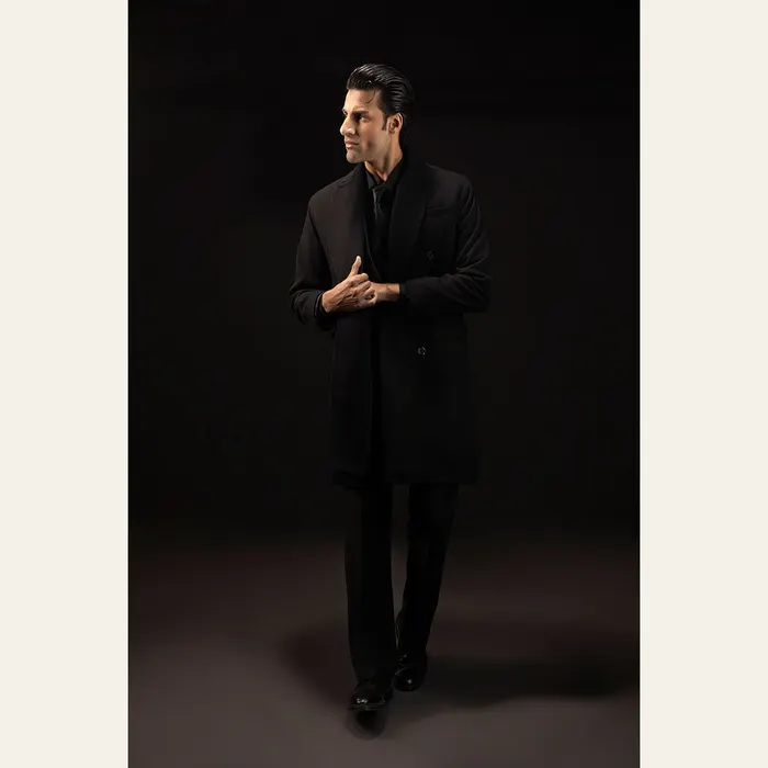 Black Double Breasted Wool Over Coat, alternate view