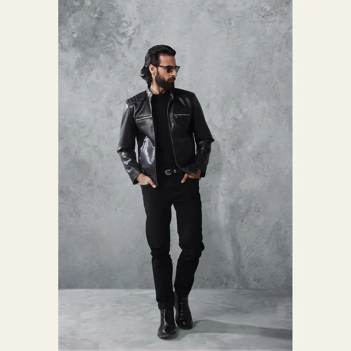 Black Faux Leather Racer Jacket, alternate view