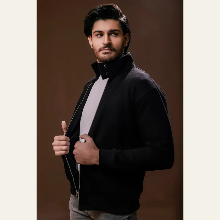 Black Harrington Jacket With Funnel Neck