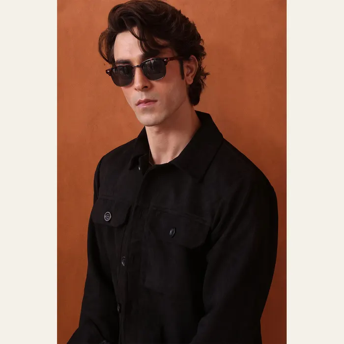 Black Suede Two Button Shacket, view 2
