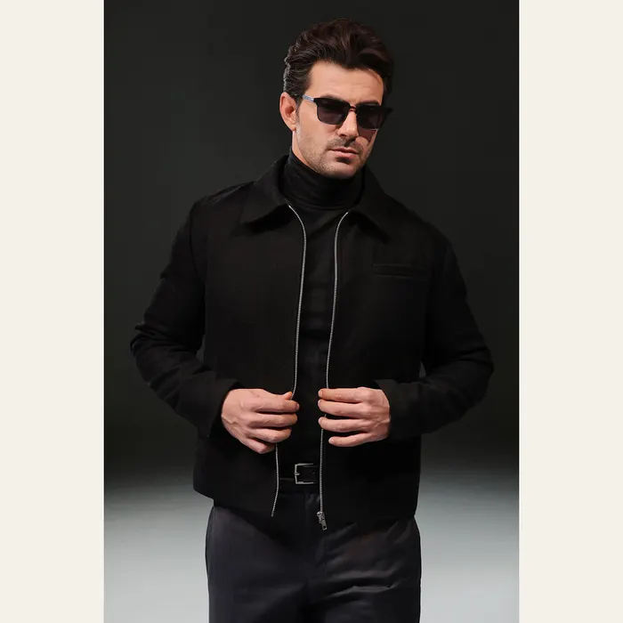 Black Wool Cropped Fit Zipper Jacket