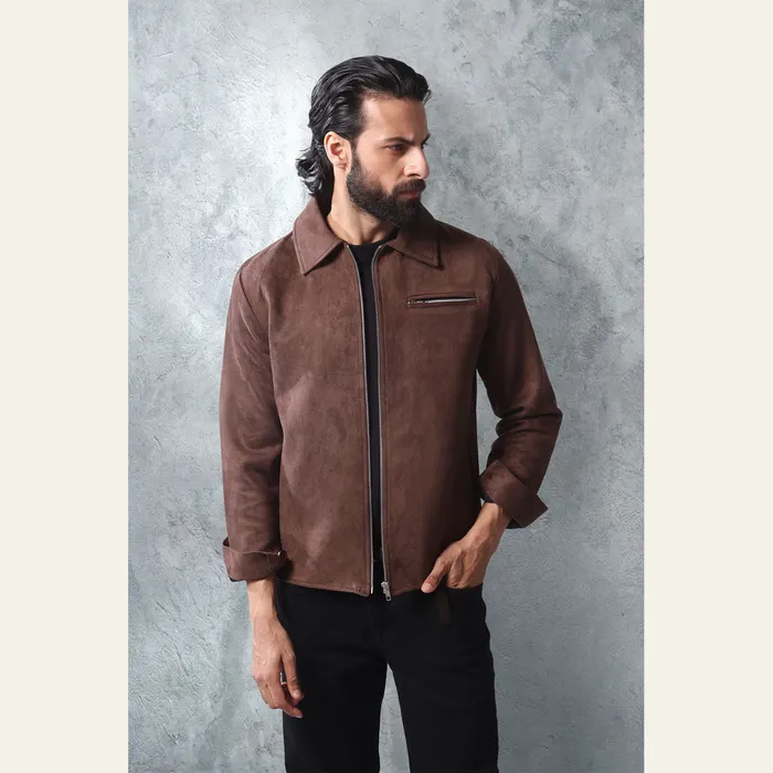 Brown Suede Zip Through Collared Shacket, alternate view