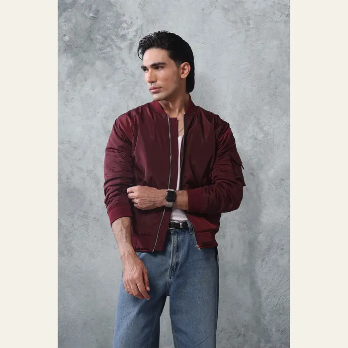 Burgundy Nylon Bomber Jacket