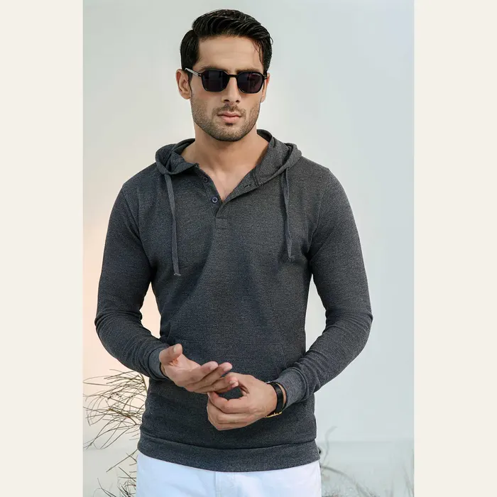 Charcoal Button-down Pullover Henley Hoodie