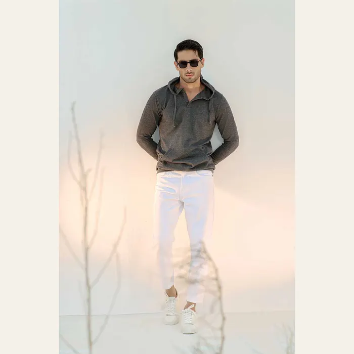 Charcoal Button-down Pullover Henley Hoodie, alternate view