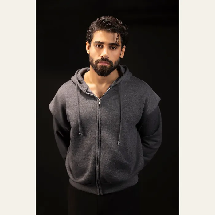 Charcoal Cropped Pronounced Shoulder Hoodie, alternate view