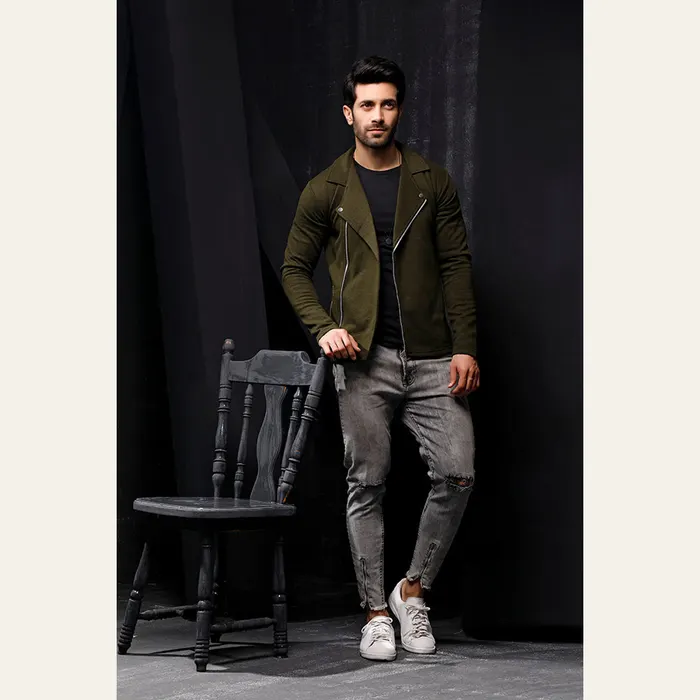 Dark Green Fleece Biker Jacket