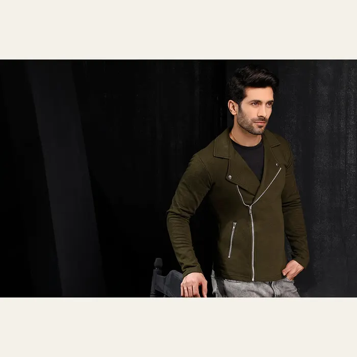 Dark Green Fleece Biker Jacket, alternate view