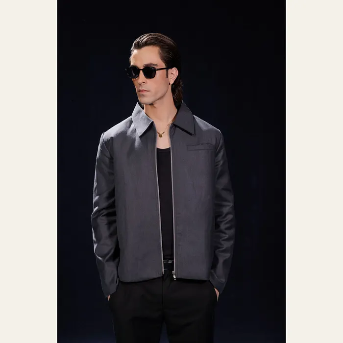 Grey Woven Cropped Fit Zipper Jacket in Gray