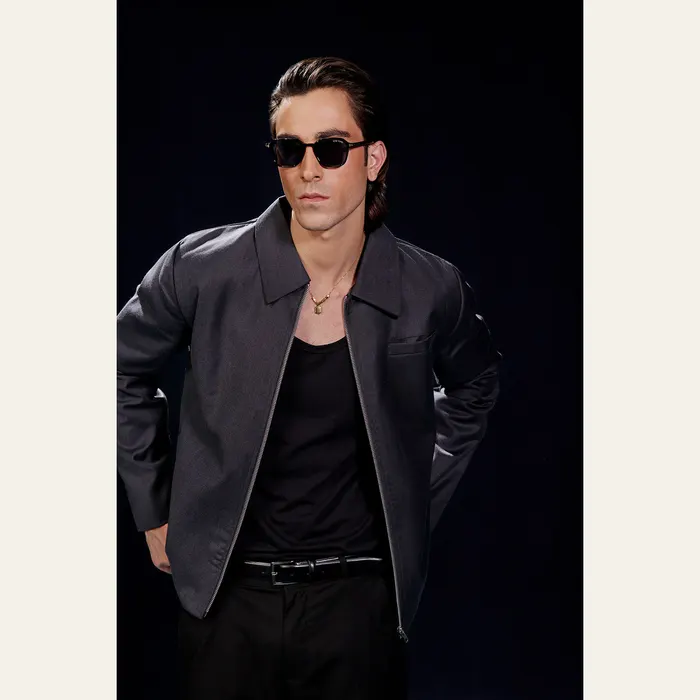 Grey Woven Cropped Fit Zipper Jacket in Gray, alternate view