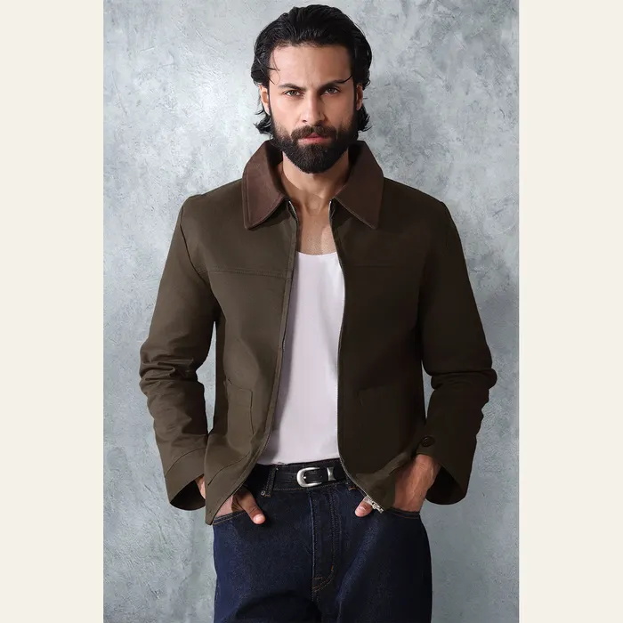 Khaki Canvas Jacket With Brown Suede Collar Detail