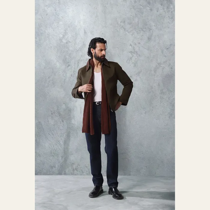 Khaki Canvas Jacket With Brown Suede Collar Detail, alternate view