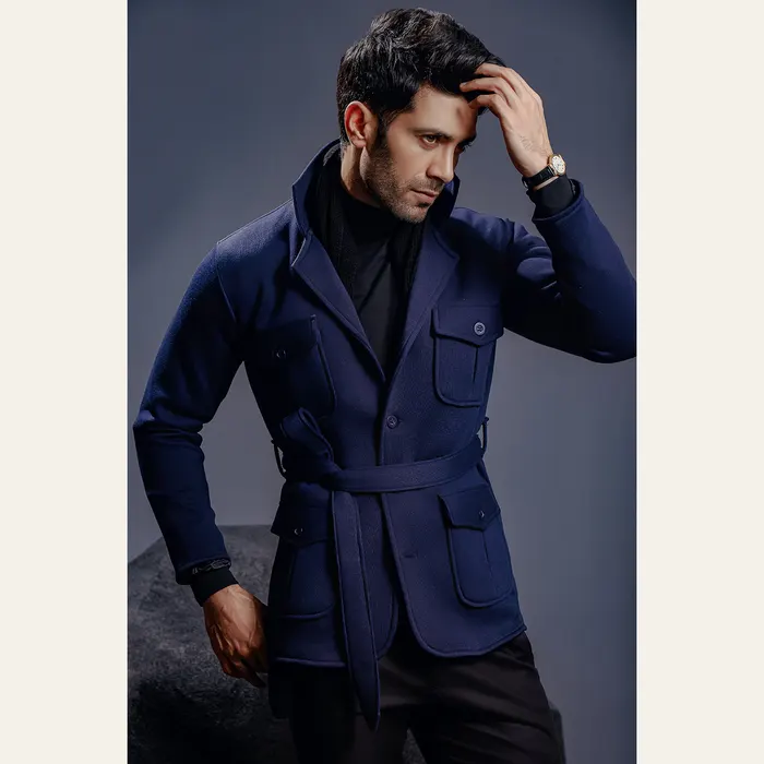 Navy Blue Belted Safari Jacket