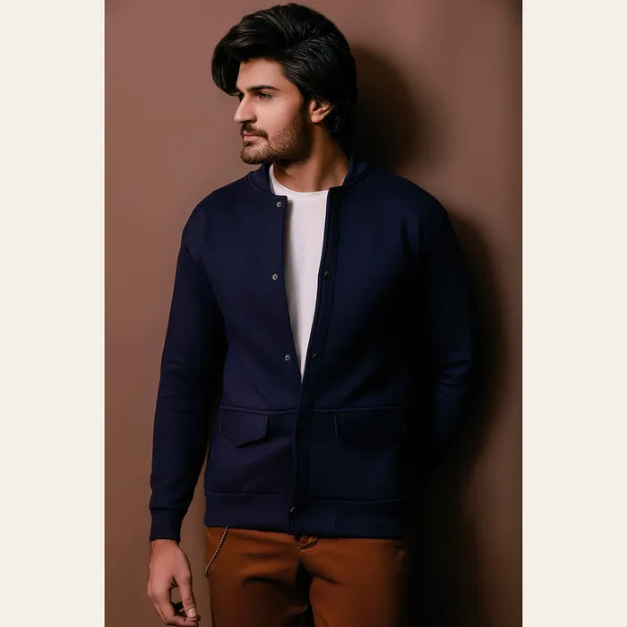 Navy Blue Bomber Jacket With Poppers