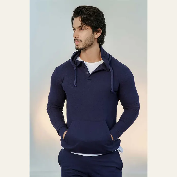Navy Blue Button-down Pullover Henley Hoodie
