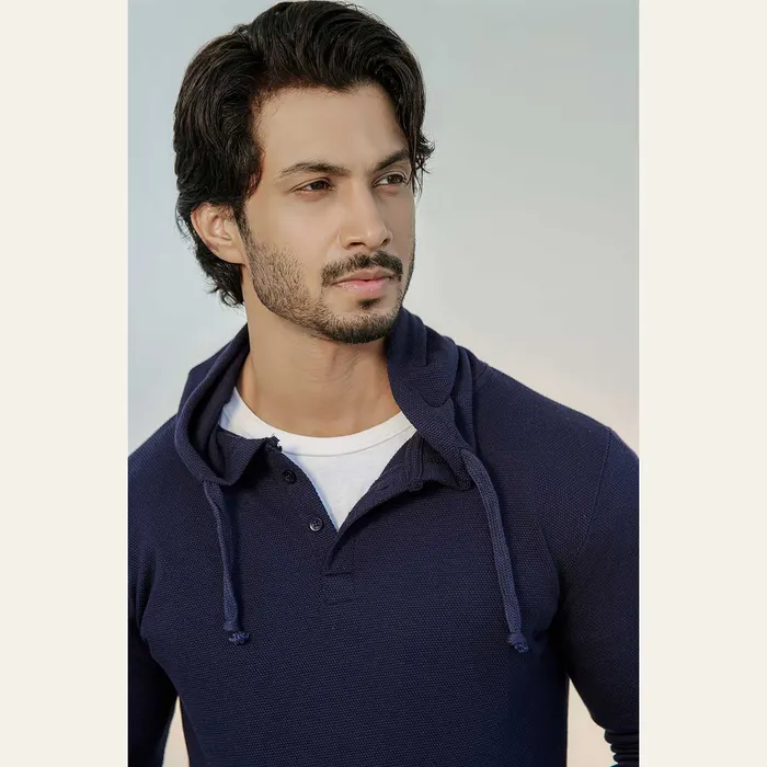 Navy Blue Button-down Pullover Henley Hoodie, alternate view