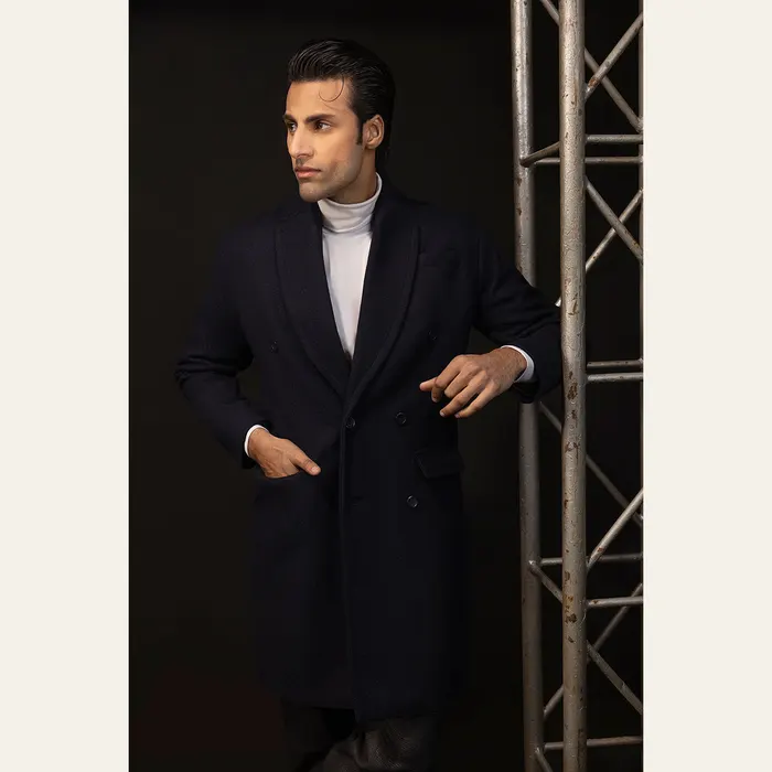 Navy Blue Double Breasted Wool Over Coat, alternate view