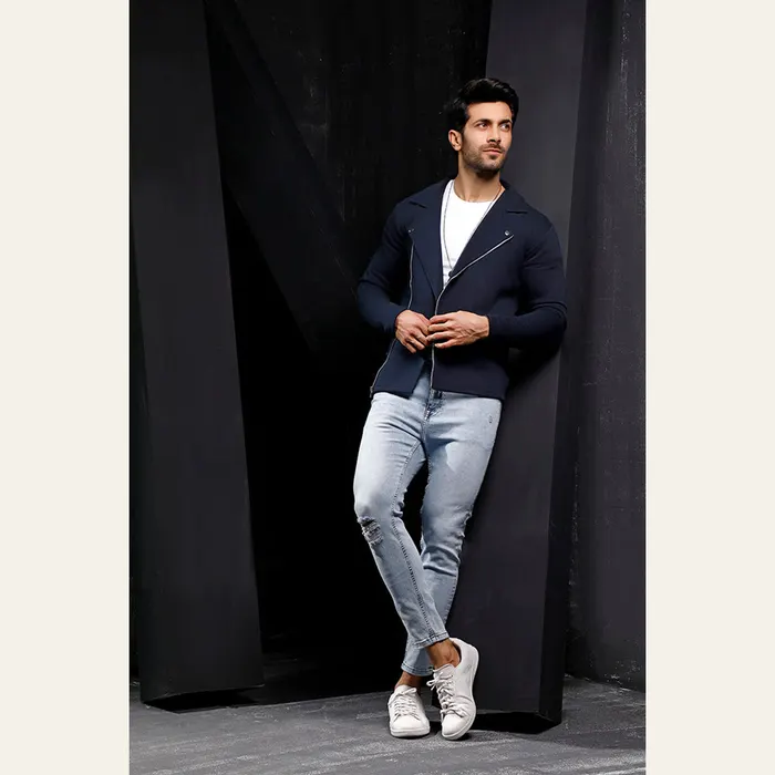 Navy Blue Fleece Biker Jacket