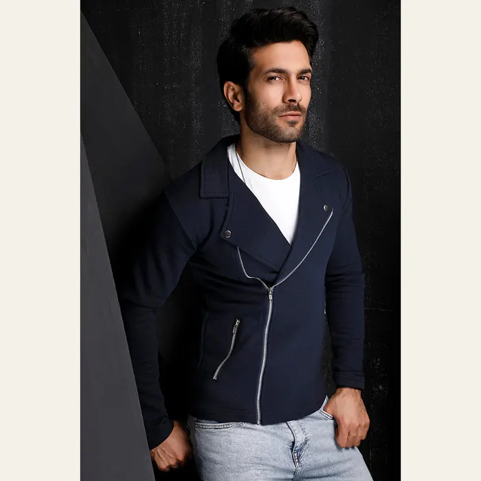Navy Blue Fleece Biker Jacket, alternate view