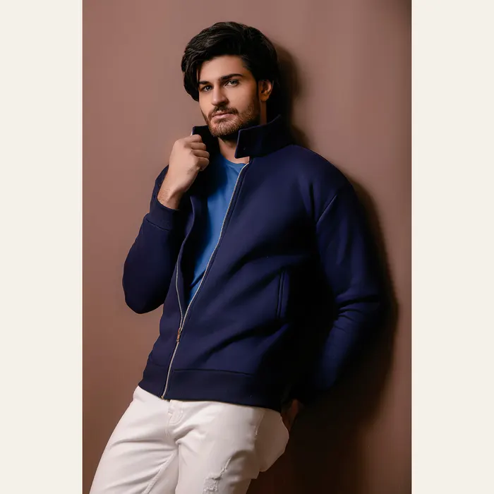 Navy Blue Harrington Jacket With Funnel Neck