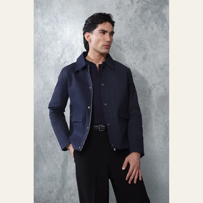 Navy Twill Regular Fit Jacket With Pockets
