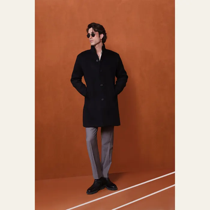 Wool Funnel Neck Coat in Black, alternate view